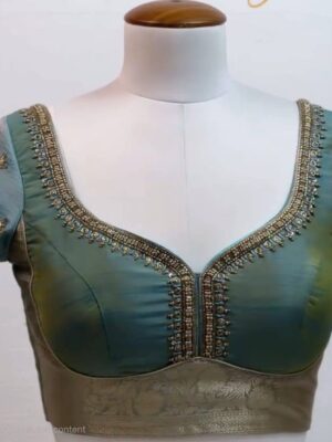 Designer Silk Embroidered Saree Blouse – Aqua Green & Gold
