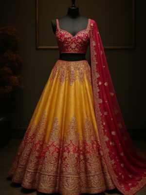 Yellow and Red -with Golden Embroidery Lehenga with Dupatta