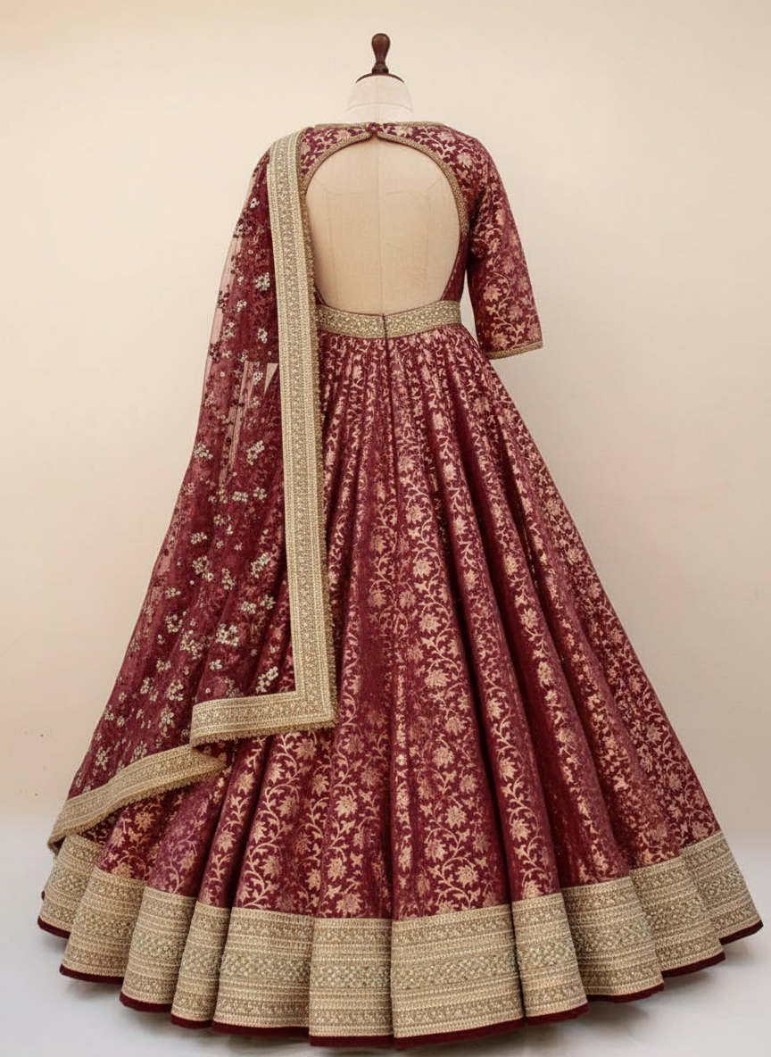 Maroon Anarkali Gown with Gold Embroidery | Designer Indian Wedding Dress | Bridal Ethnic Wear - Image 2