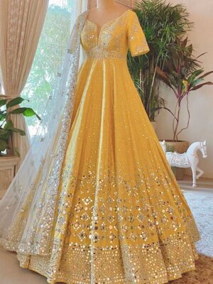 Sunshine Yellow Mirror Work Silk Anarkali Set with Embroidered Dupatta