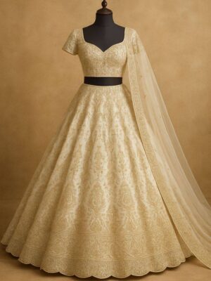 Ivory Gold Embroidered Organza Bridal Lehenga Set