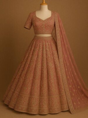 Dull Pink Zari Embroidered Silk Lehenga Set with Dupatta