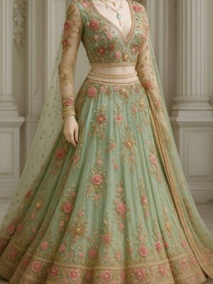Mint Green Heavy Floral Embroidered Net Lehenga Set with Full Sleeves