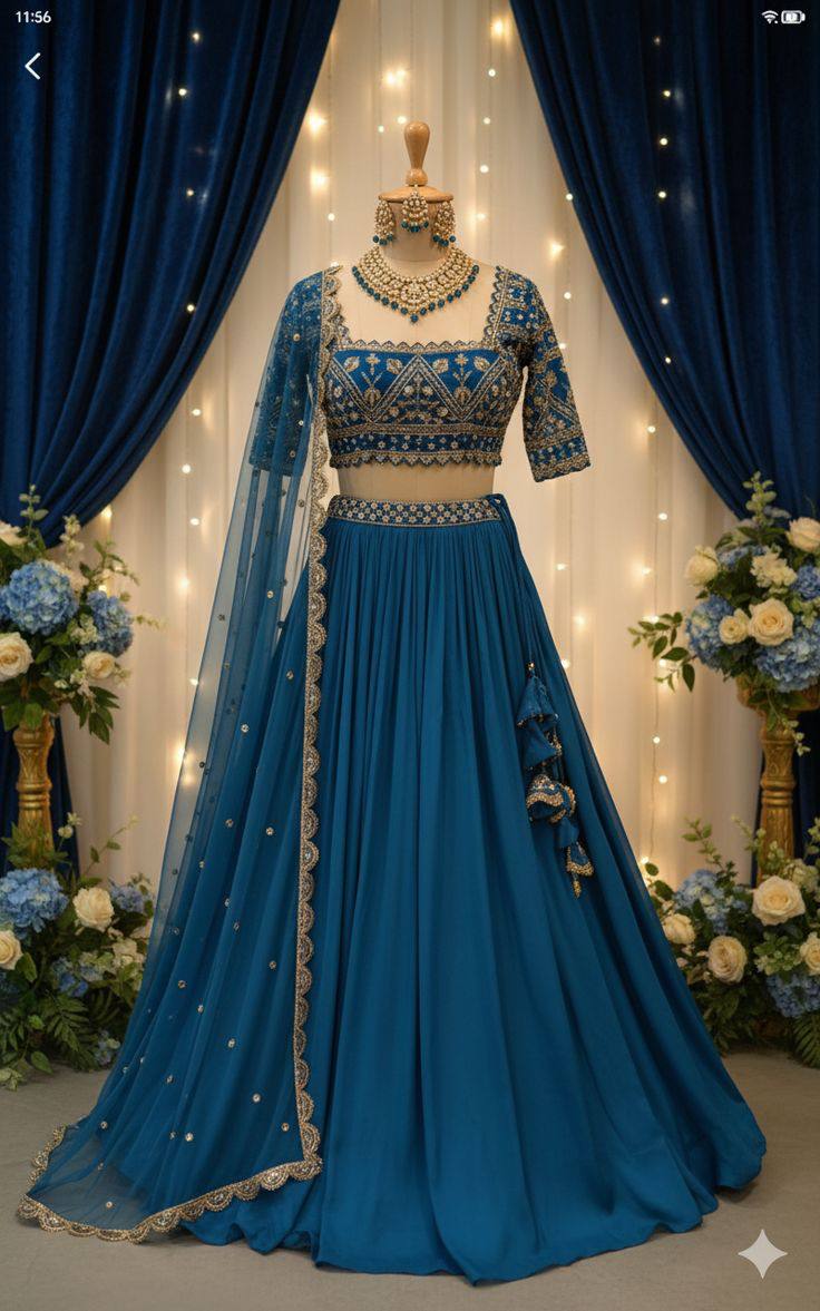 Blue Georgette Mirror Work Lehenga Set with Designer Blouse