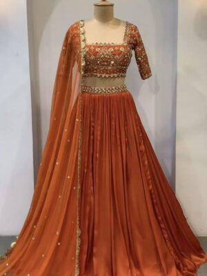 Rust Orange Silk Lehenga Set with Golden Embroidered Blouse & Dupatta