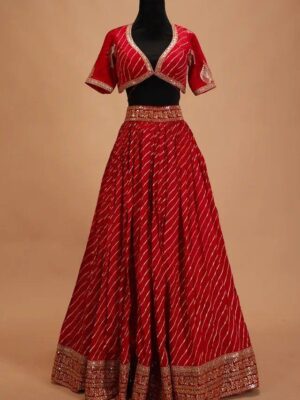 Red Bandhani Silk Lehenga Choli with Gota Patti Work