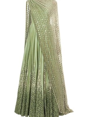 Pista Green Zari Embroidered Anarkali Gown with Sequins Dupatta
