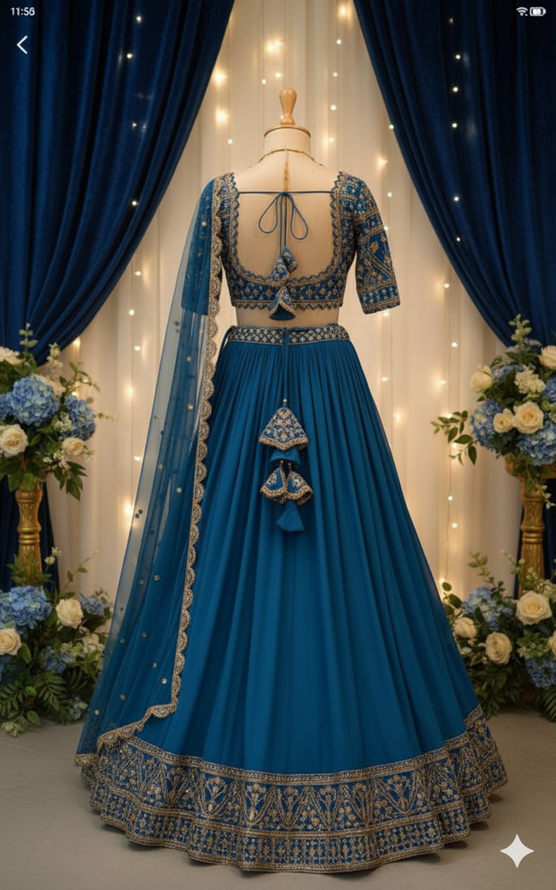 Blue Georgette Mirror Work Lehenga Set with Designer Blouse - Image 2