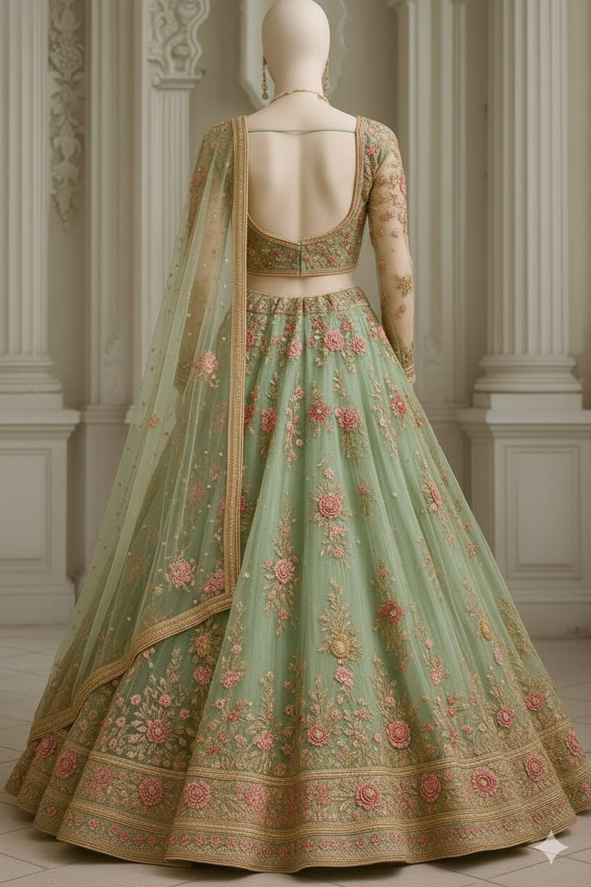 Mint Green Heavy Floral Embroidered Net Lehenga Set with Full Sleeves - Image 2