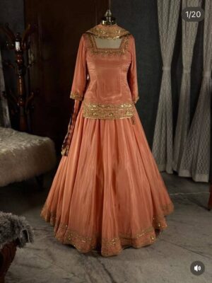 Peach Gold-Embroidered Silk Anarkali Gown with Square Neck