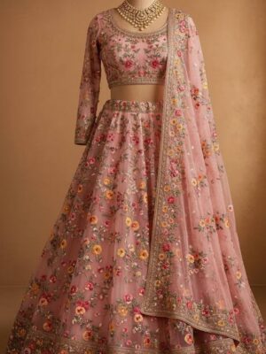 Regal Pink Floral Lehenga with Multi-Tonal Embroidery