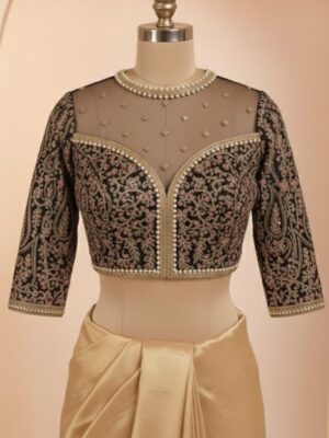Ornate Brown & Gold Embroidered Saree Blouse