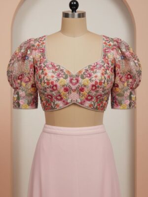 Vintage Pink Floral Embroidered Puff Sleeve Blouse
